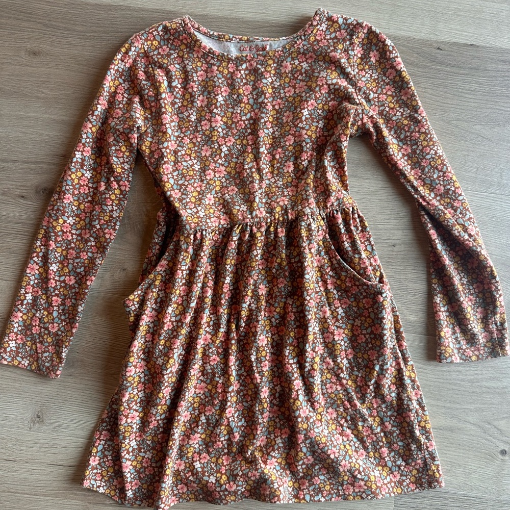 Girls Floral Long Sleeve Dress - Brown Pink Yellow